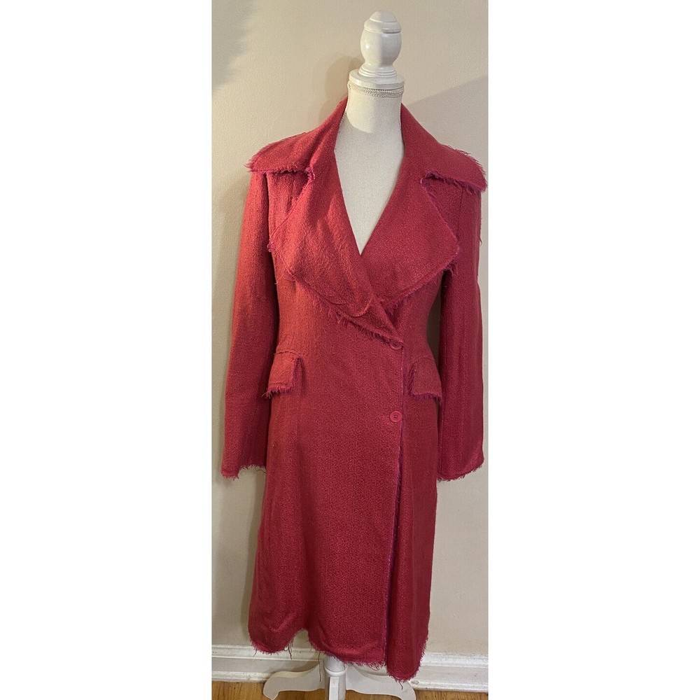 WDNY Hot Pink Fuschia Barbie Tweed Fringe Light Trench Coat Jacket Size Small